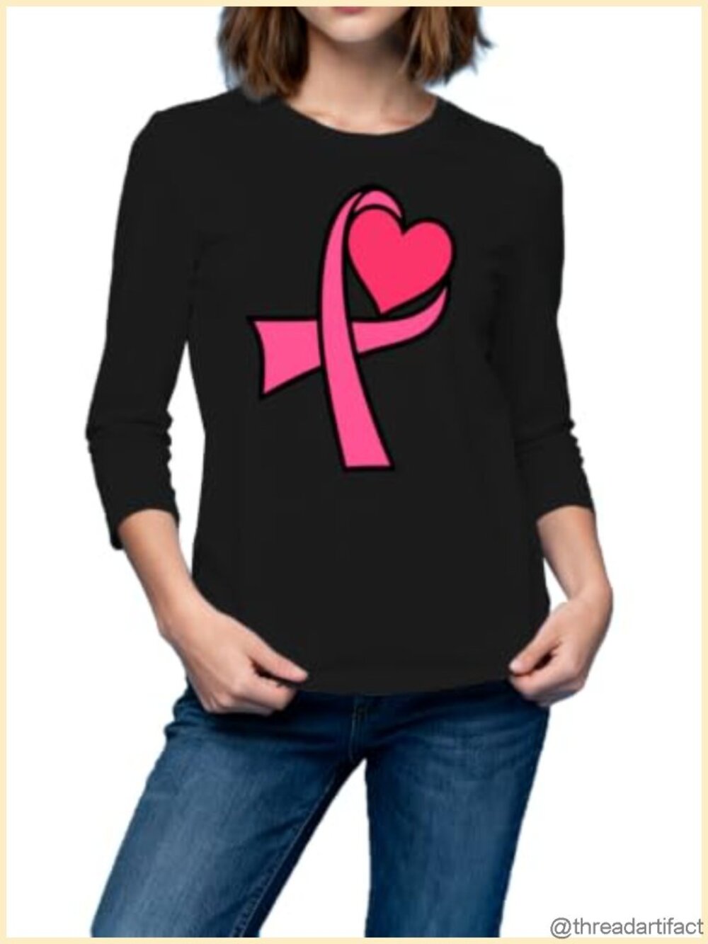Womens 3/4 Sleeve Breast Cancer Awareness T-Shirt Pink Ribbon Crew Neck Top